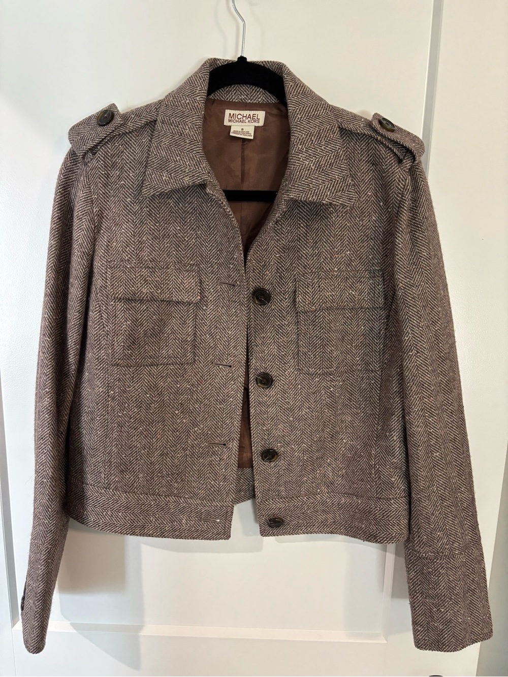 NEW Michael Michael KORS  Brown Herringbone Wool-Blend Military Stye Jacket SZ 8
